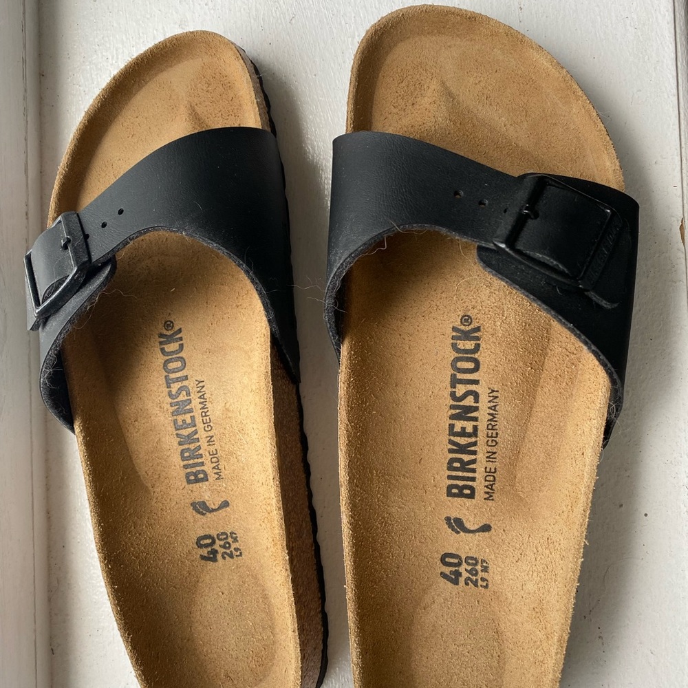 Birkenstock Madrid Black and Tan Slide Sandals